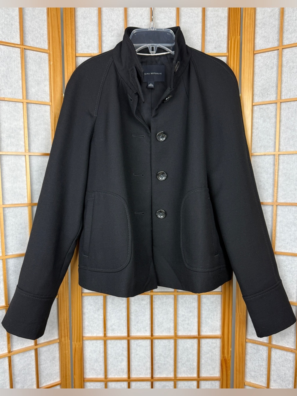 Banana Republic 100% Wool Stand Collar Short Jacket Coat Black Scandi Casual S